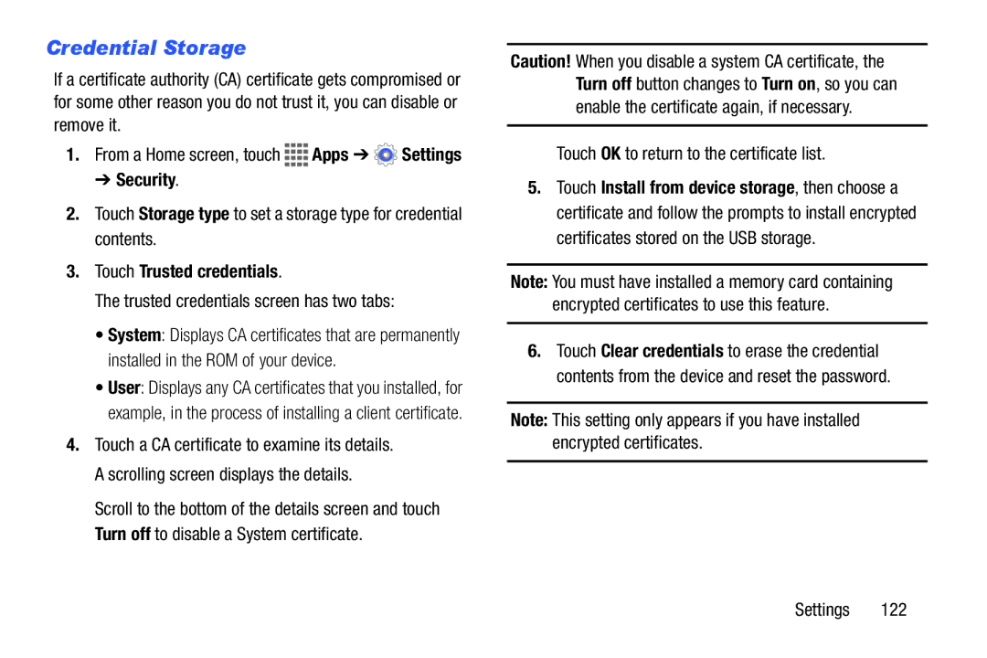 Samsung GH68-41351F manual Credential Storage, Touch Trusted credentials, Trusted credentials screen has two tabs 