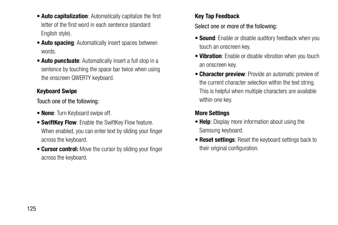 Samsung GH68-41351F manual Auto spacing Automatically insert spaces between words, Keyboard Swipe, Key Tap Feedback, 125 