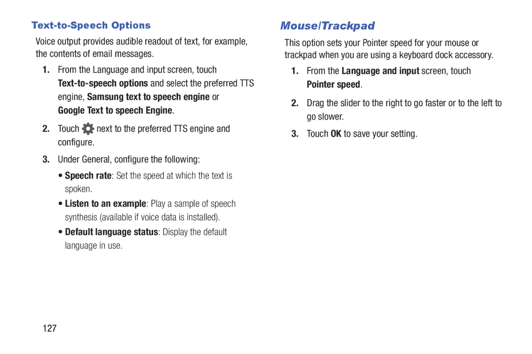 Samsung GH68-41351F Mouse/Trackpad, Text-to-Speech Options, Default language status Display the default language in use 