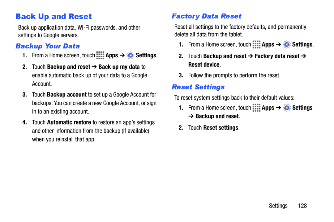 Samsung GH68-41351F manual Back Up and Reset, Backup Your Data, Factory Data Reset, Reset Settings 