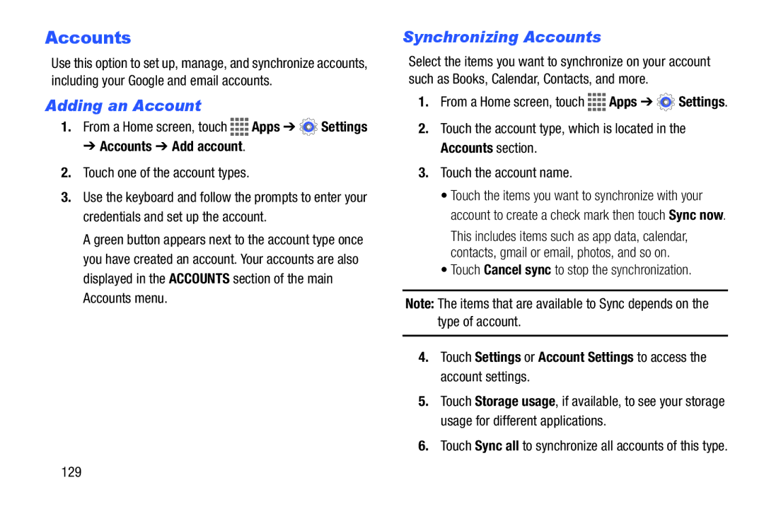 Samsung GH68-41351F manual Adding an Account, Synchronizing Accounts, Accounts Add account 