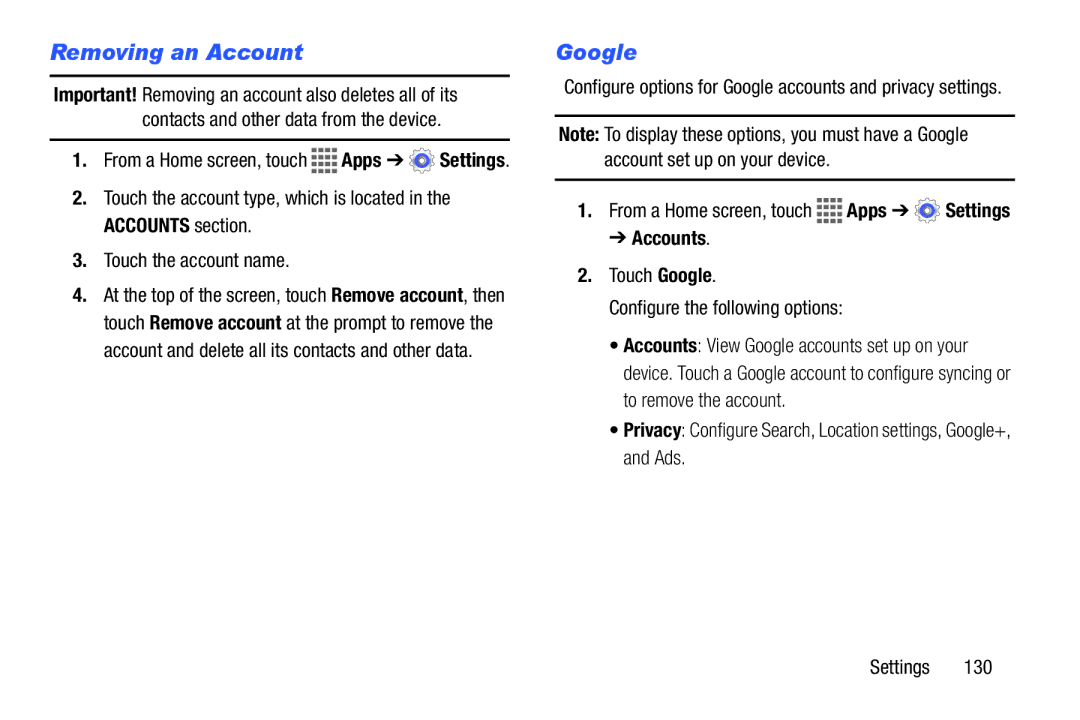 Samsung GH68-41351F manual Removing an Account, Accounts, Touch Google Configure the following options 