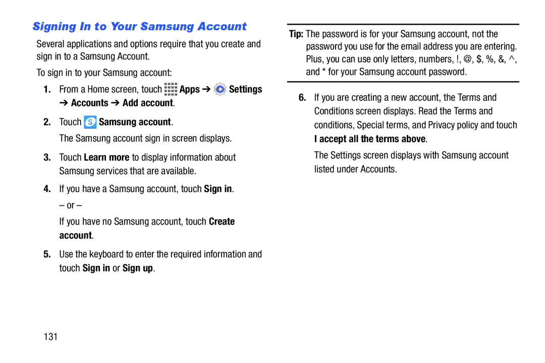 Samsung GH68-41351F manual Signing In to Your Samsung Account, Accounts Add account Touch Samsung account 