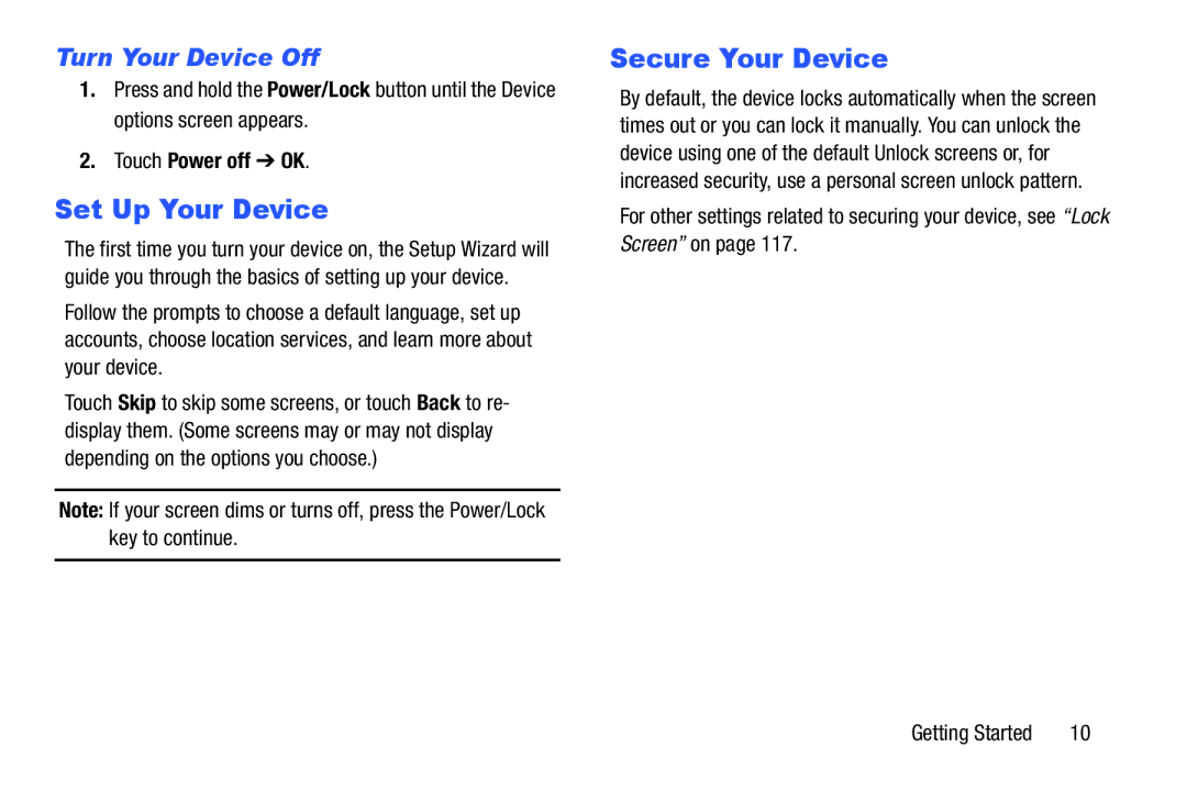 Samsung GH68-41351F manual Set Up Your Device, Secure Your Device, Turn Your Device Off, Touch Power off OK 