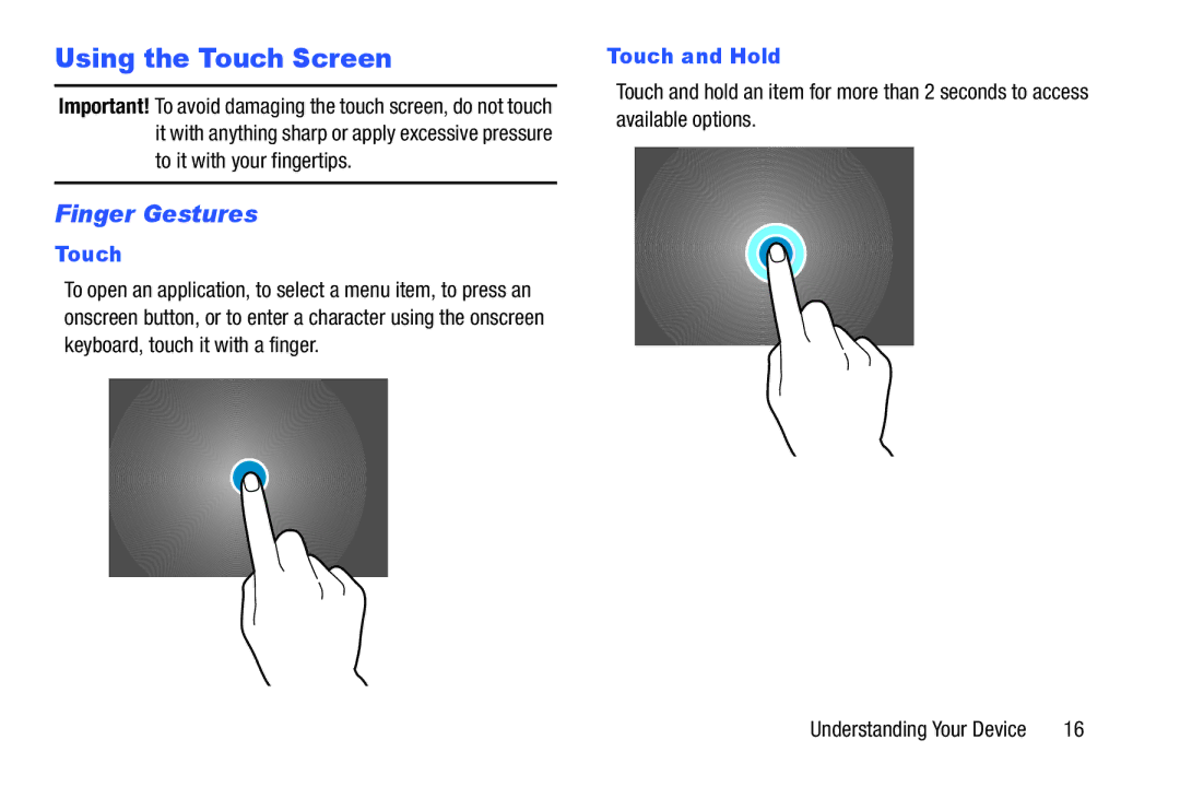 Samsung GH68-41351F manual Using the Touch Screen, Finger Gestures, Touch and Hold 