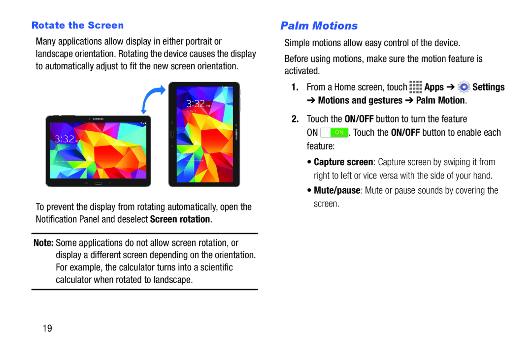 Samsung GH68-41351F manual Palm Motions, Rotate the Screen, Motions and gestures Palm Motion 