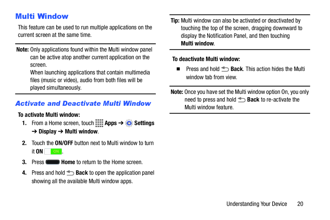 Samsung GH68-41351F manual Activate and Deactivate Multi Window, To activate Multi window, Display Multi window 