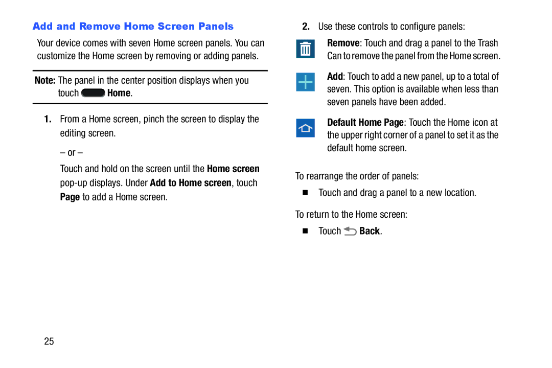 Samsung GH68-41351F manual Add and Remove Home Screen Panels, Use these controls to configure panels 