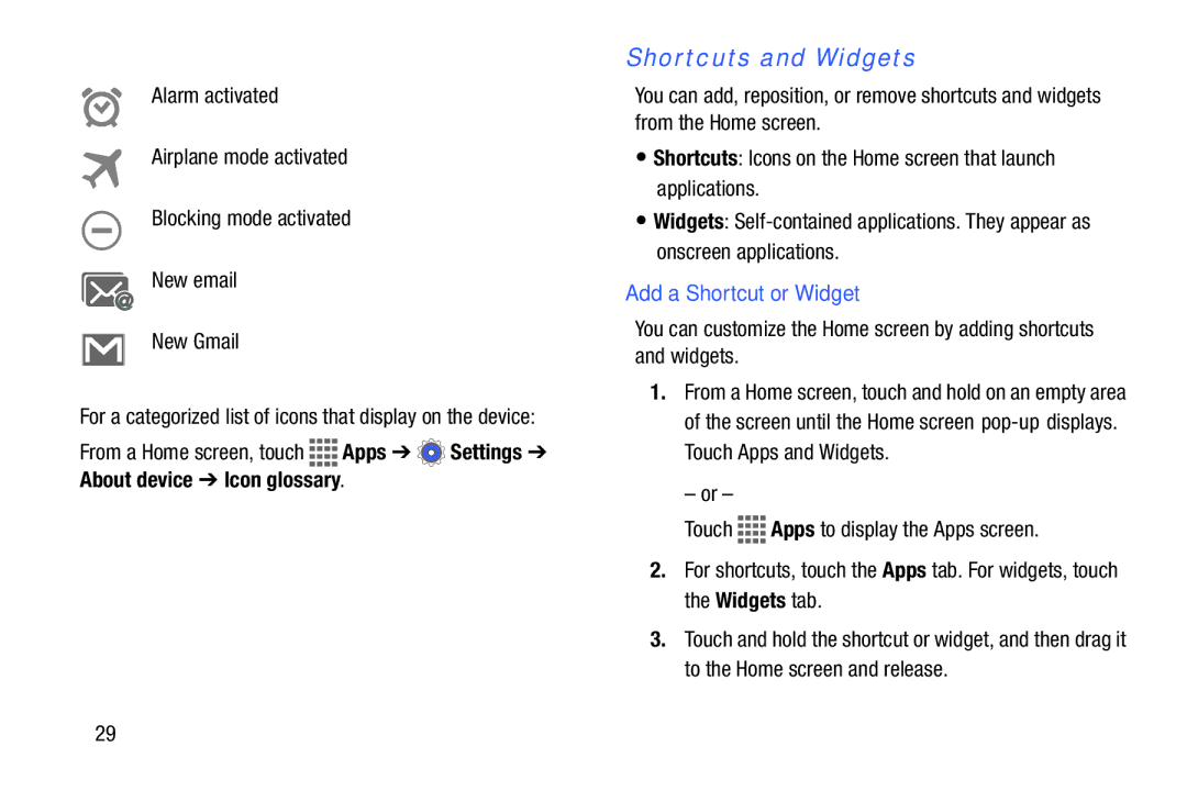 Samsung GH68-41351F manual Shortcuts and Widgets, Add a Shortcut or Widget 