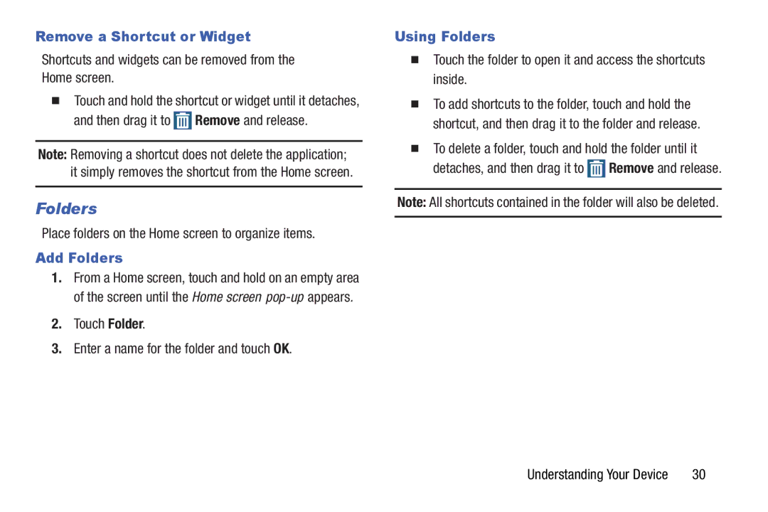 Samsung GH68-41351F manual Remove a Shortcut or Widget, Add Folders, Using Folders 