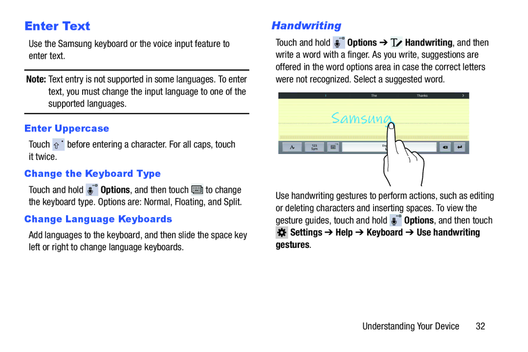 Samsung GH68-41351F manual Enter Text, Handwriting, Enter Uppercase, Change the Keyboard Type, Change Language Keyboards 