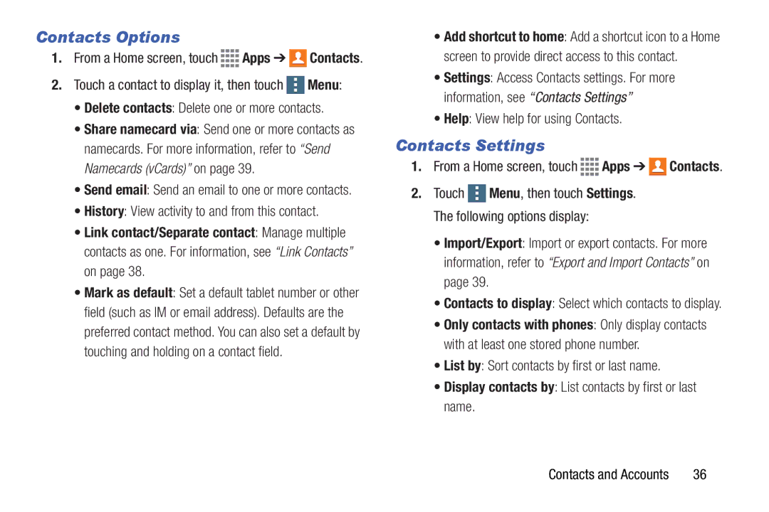 Samsung GH68-41351F manual Contacts Options, Contacts Settings, Display contacts by List contacts by first or last name 