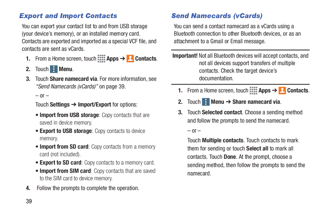 Samsung GH68-41351F manual Export and Import Contacts, Send Namecards vCards, Touch Settings Import/Export for options 