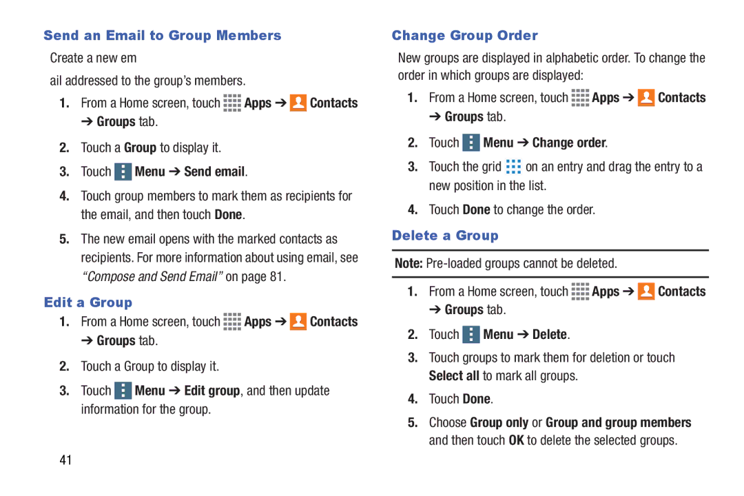 Samsung GH68-41351F manual Send an Email to Group Members, Edit a Group, Change Group Order, Delete a Group 