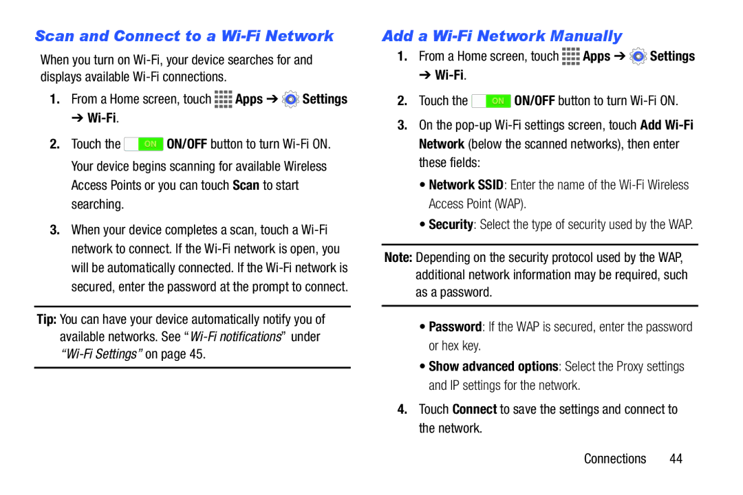 Samsung GH68-41351F manual Scan and Connect to a Wi-Fi Network, Add a Wi-Fi Network Manually 