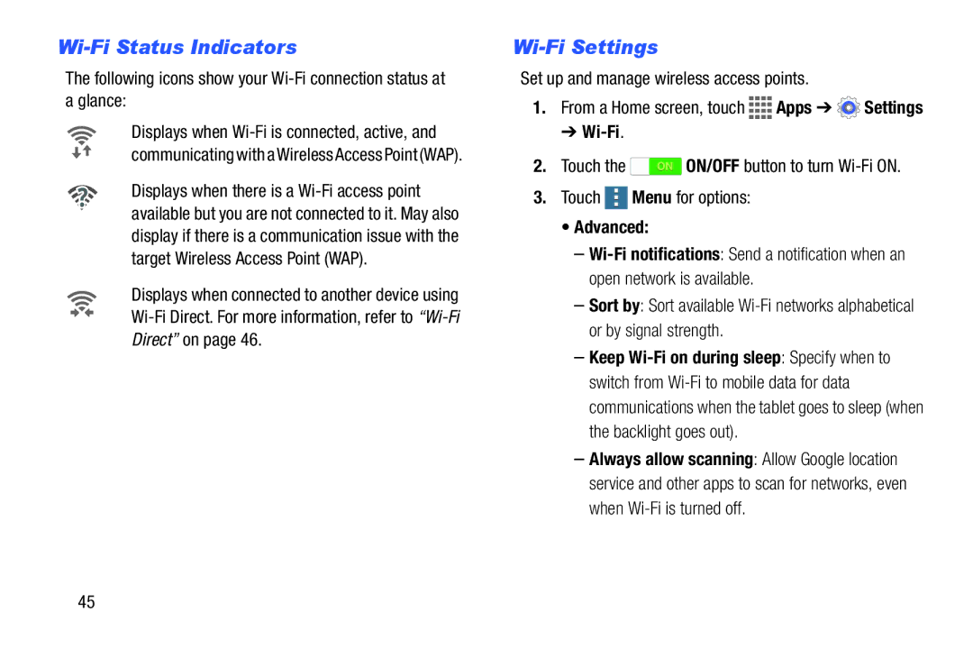 Samsung GH68-41351F manual Wi-Fi Status Indicators, Wi-Fi Settings, Set up and manage wireless access points, Advanced 