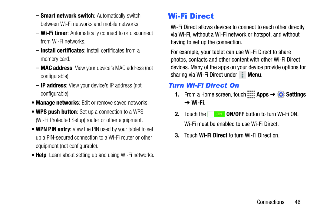 Samsung GH68-41351F manual Turn Wi-Fi Direct On, Touch Wi-Fi Direct to turn Wi-Fi Direct on Connections 