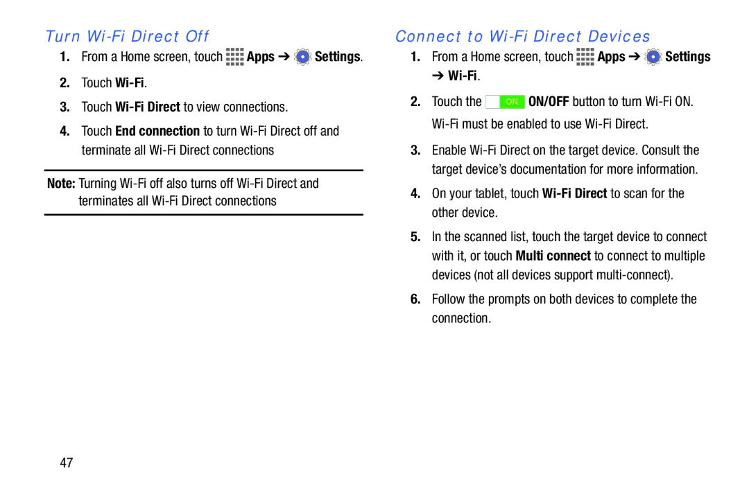 Samsung GH68-41351F manual Turn Wi-Fi Direct Off, Connect to Wi-Fi Direct Devices 