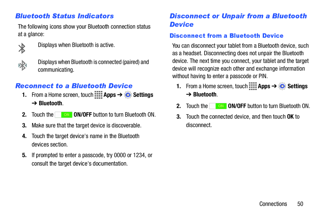 Samsung GH68-41351F manual Bluetooth Status Indicators, Reconnect to a Bluetooth Device, Disconnect from a Bluetooth Device 