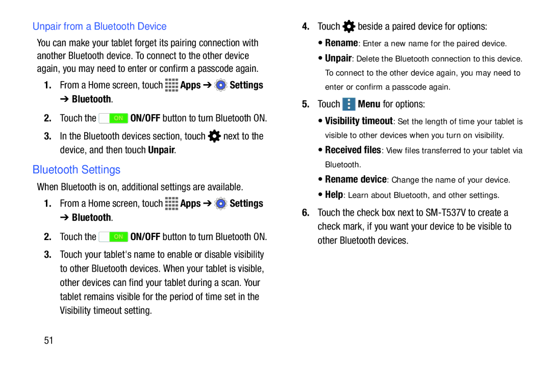 Samsung GH68-41351F manual Bluetooth Settings, Unpair from a Bluetooth Device, Touch beside a paired device for options 