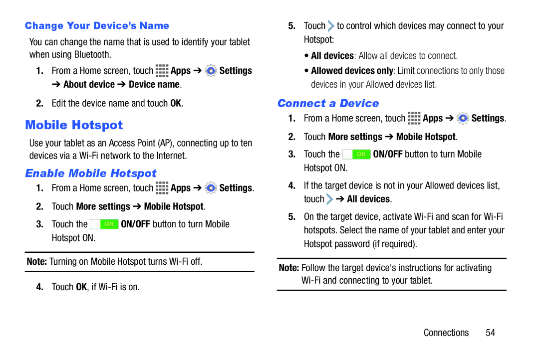 Samsung GH68-41351F manual Enable Mobile Hotspot, Connect a Device, Change Your Device’s Name 