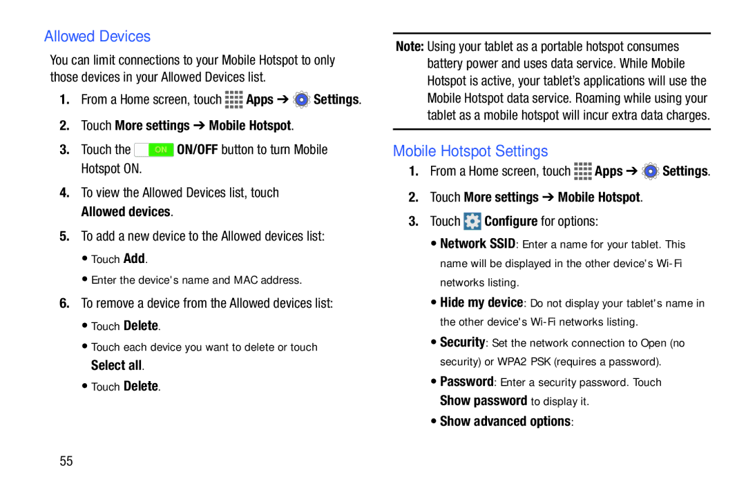 Samsung GH68-41351F manual Allowed Devices, Mobile Hotspot Settings, Show advanced options 