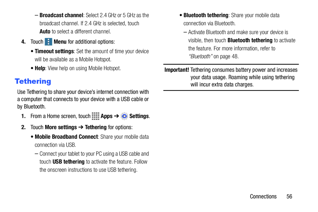 Samsung GH68-41351F manual Tethering, Touch Menu for additional options, Help View help on using Mobile Hotspot 