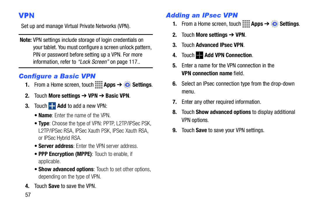 Samsung GH68-41351F manual Configure a Basic VPN, Adding an IPsec VPN, Touch More settings VPN Basic VPN 