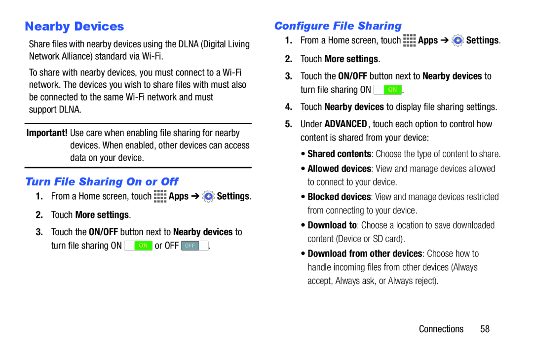 Samsung GH68-41351F manual Nearby Devices, Turn File Sharing On or Off, Configure File Sharing, Touch More settings 