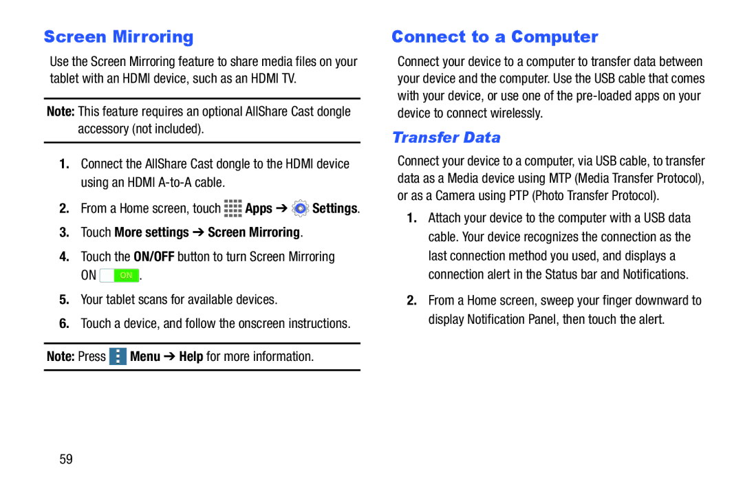 Samsung GH68-41351F manual Connect to a Computer, Transfer Data, Touch More settings Screen Mirroring 