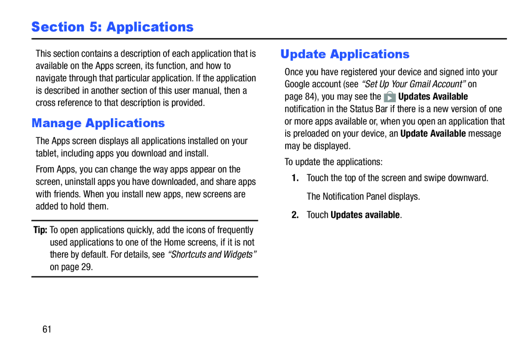 Samsung GH68-41351F manual Manage Applications, Update Applications, To update the applications, Touch Updates available 