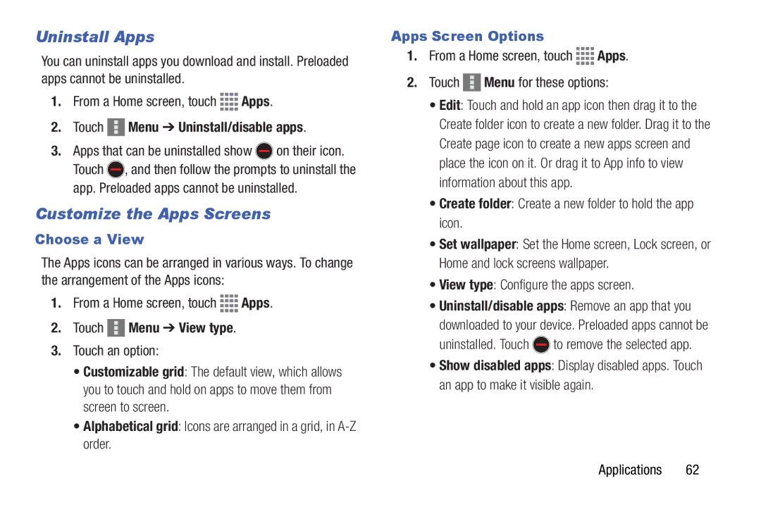 Samsung GH68-41351F manual Uninstall Apps, Customize the Apps Screens, Choose a View, Apps Screen Options 