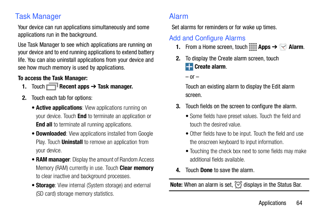 Samsung GH68-41351F manual Add and Configure Alarms, To access the Task Manager Touch Recent apps Task manager 