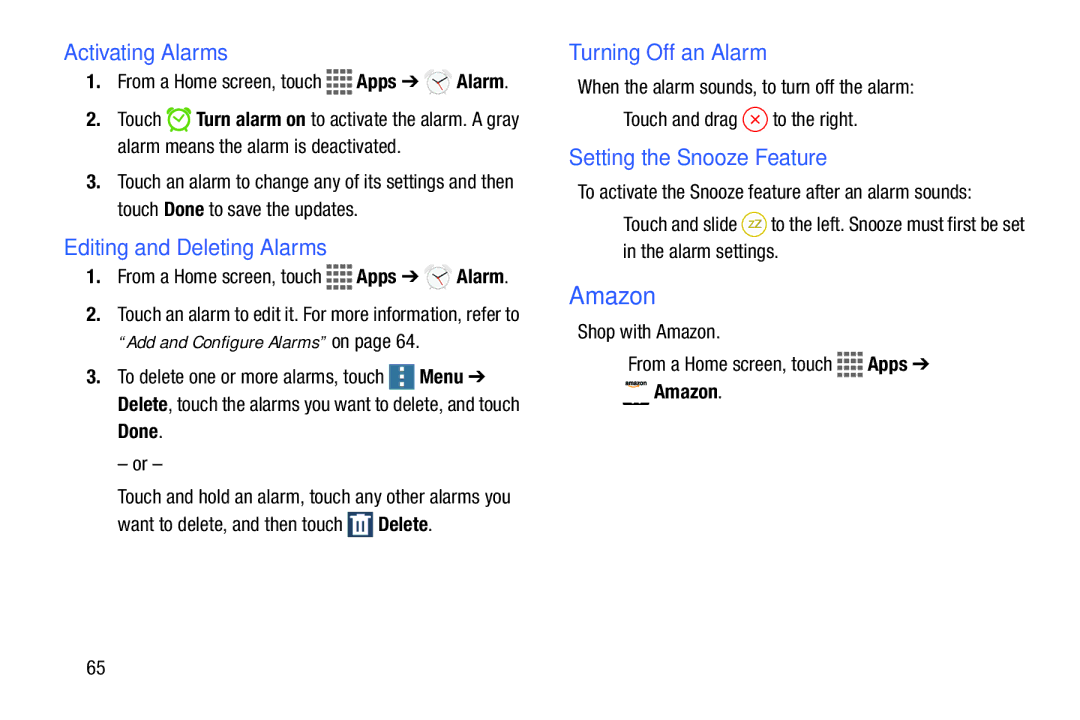 Samsung GH68-41351F manual Amazon, Activating Alarms, Editing and Deleting Alarms, Turning Off an Alarm 