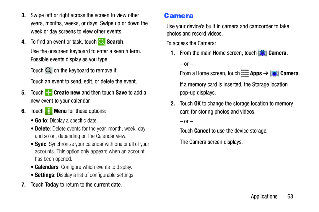 Samsung GH68-41351F manual Camera, To find an event or task, touch Search 