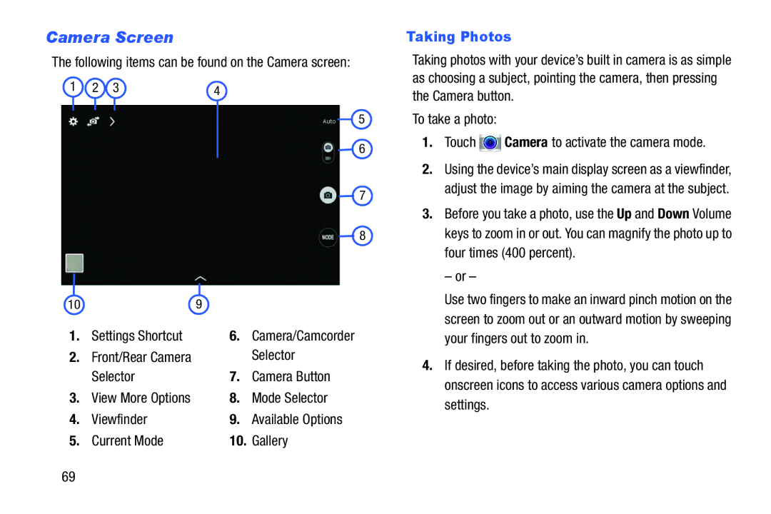 Samsung GH68-41351F manual Camera Screen, Taking Photos 