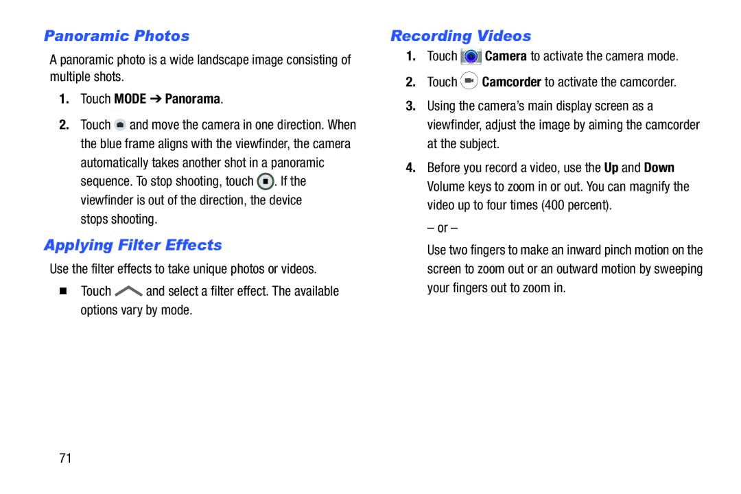 Samsung GH68-41351F manual Panoramic Photos, Applying Filter Effects, Recording Videos, Touch Mode Panorama, Stops shooting 