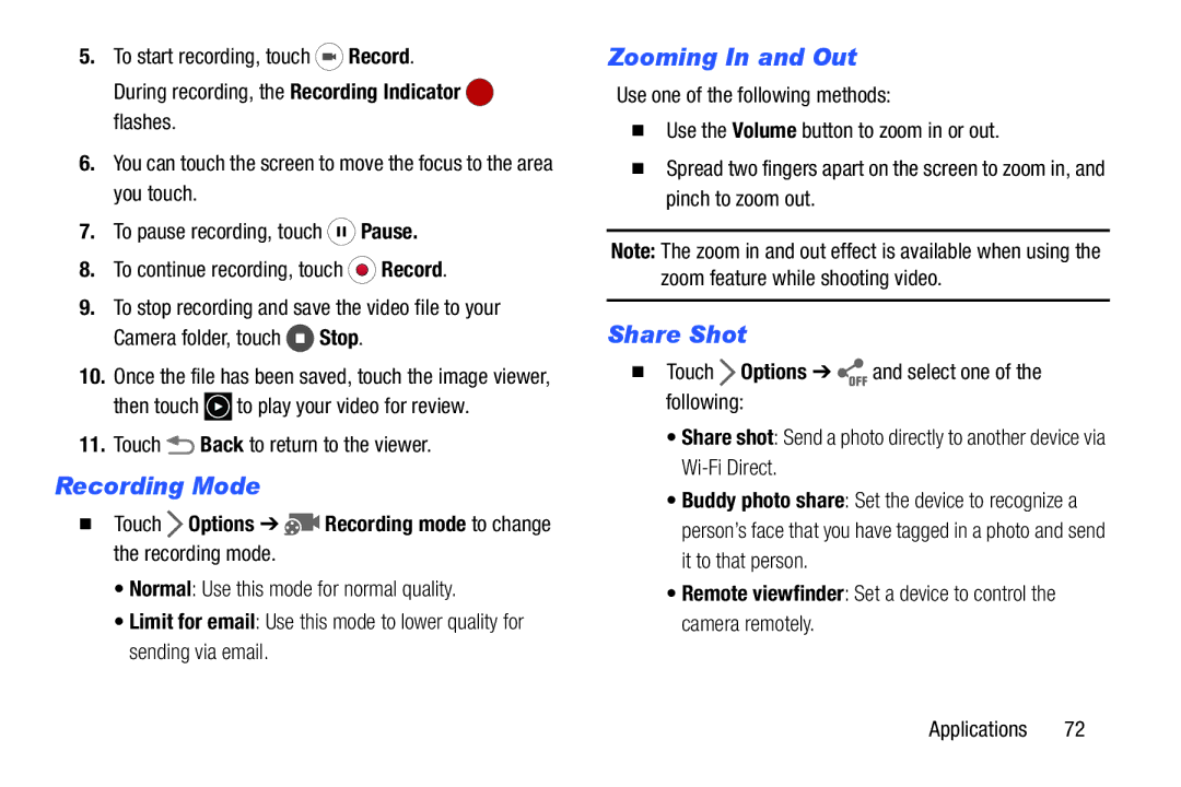 Samsung GH68-41351F manual Recording Mode, Zooming In and Out, Share Shot 