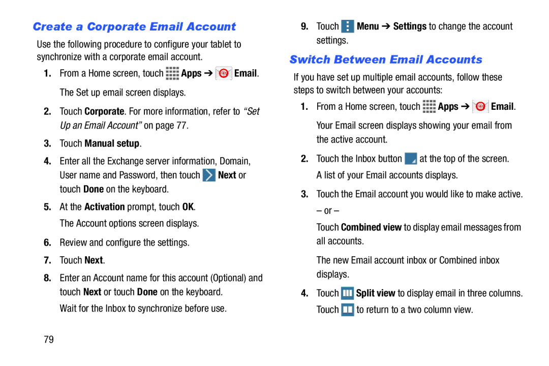 Samsung GH68-41351F manual Create a Corporate Email Account, Switch Between Email Accounts, Touch Manual setup 