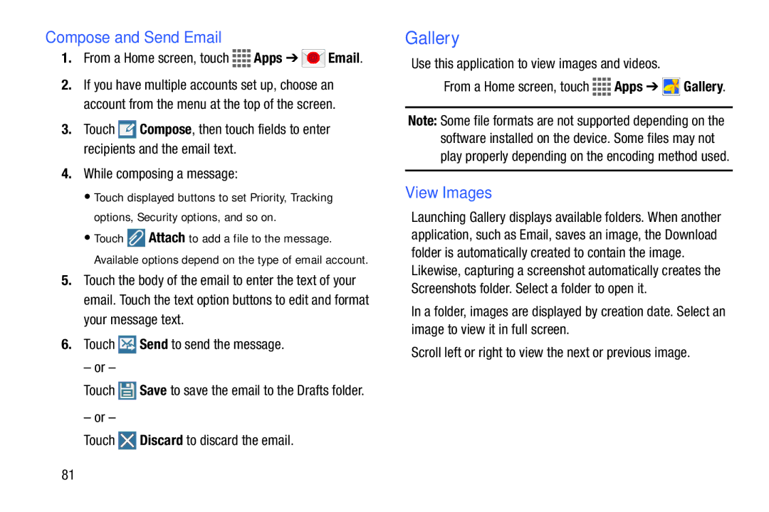 Samsung GH68-41351F manual Gallery, Compose and Send Email, View Images, Touch Discard to discard the email 