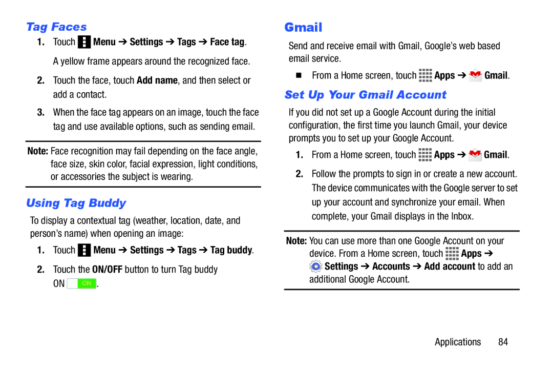 Samsung GH68-41351F manual Tag Faces, Using Tag Buddy, Set Up Your Gmail Account 