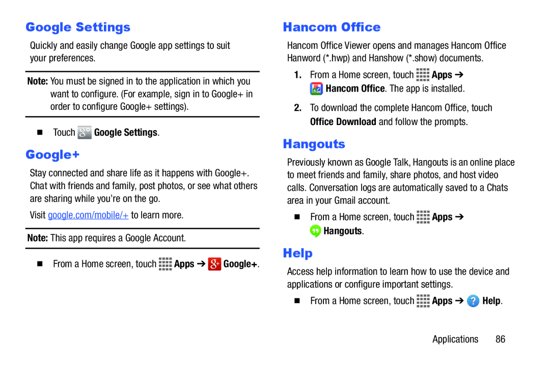 Samsung GH68-41351F manual Google Settings, Google+, Hancom Office, Hangouts, Help 