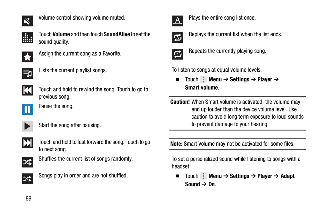 Samsung GH68-41351F manual  Touch Menu Settings Player Smart volume,  Touch Menu Settings Player Adapt Sound On 