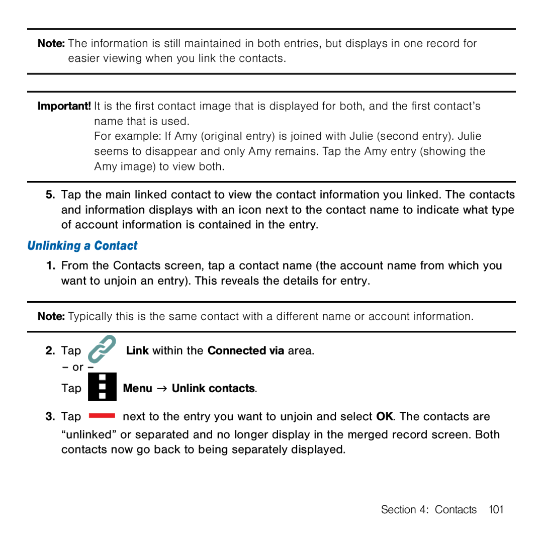 Samsung GH68-41834A user manual Unlinking a Contact 