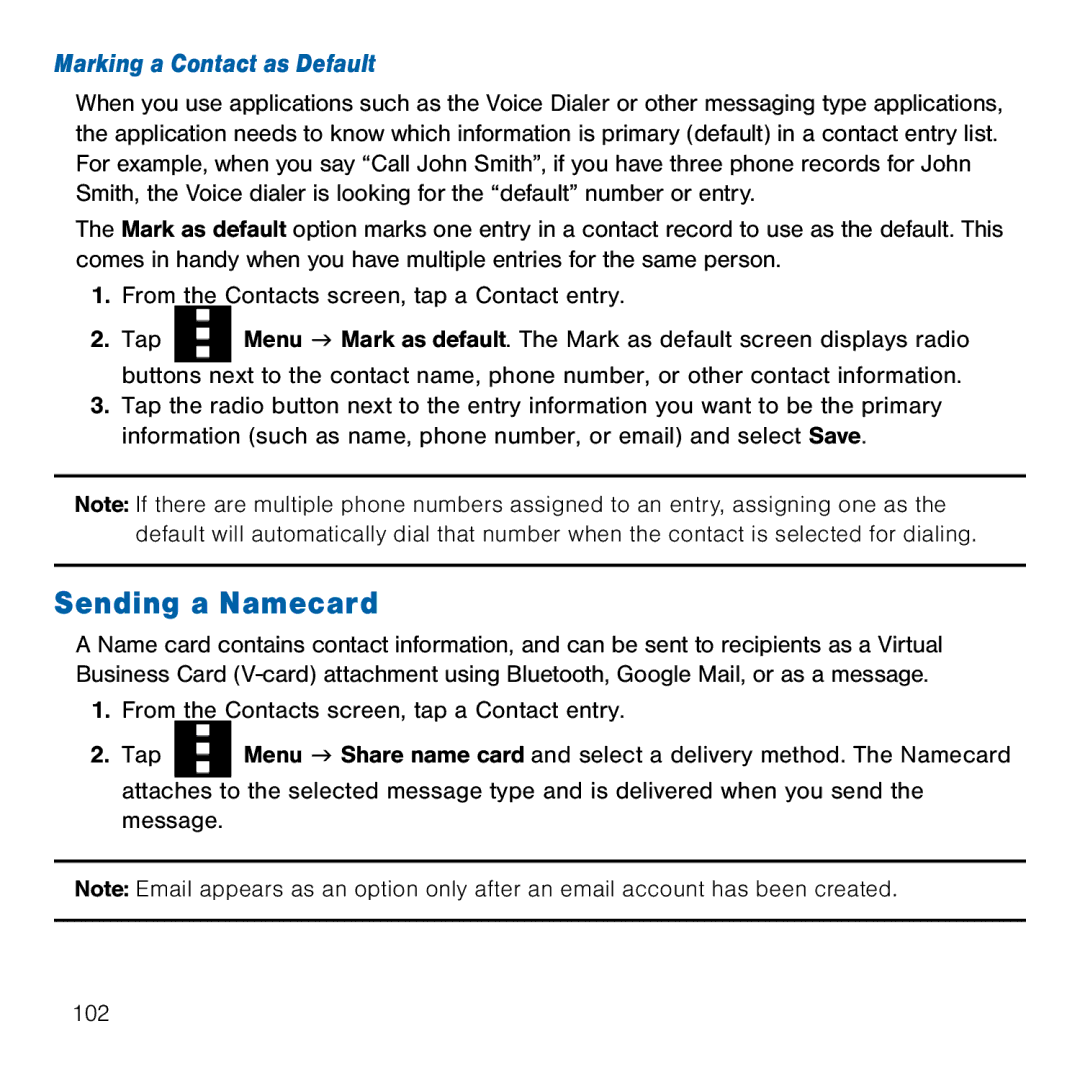 Samsung GH68-41834A user manual Sending a Namecard, Marking a Contact as Default 