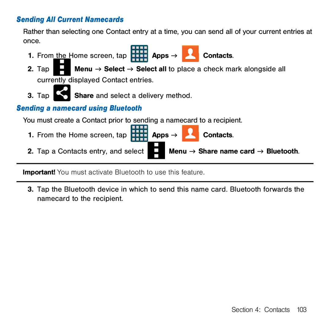 Samsung GH68-41834A user manual Sending All Current Namecards, Sending a namecard using Bluetooth 