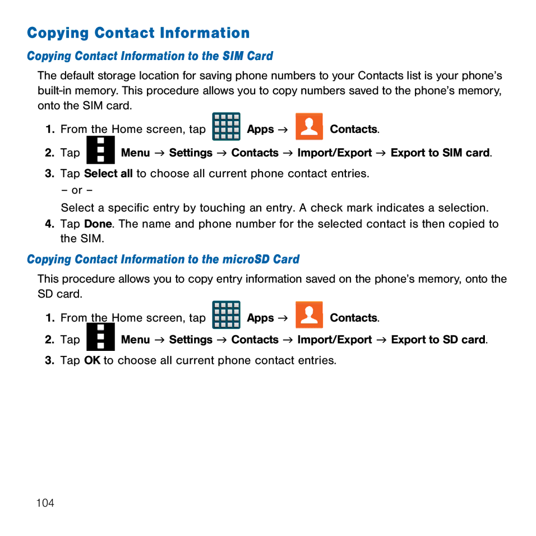 Samsung GH68-41834A Copying Contact Information to the SIM Card, Copying Contact Information to the microSD Card 