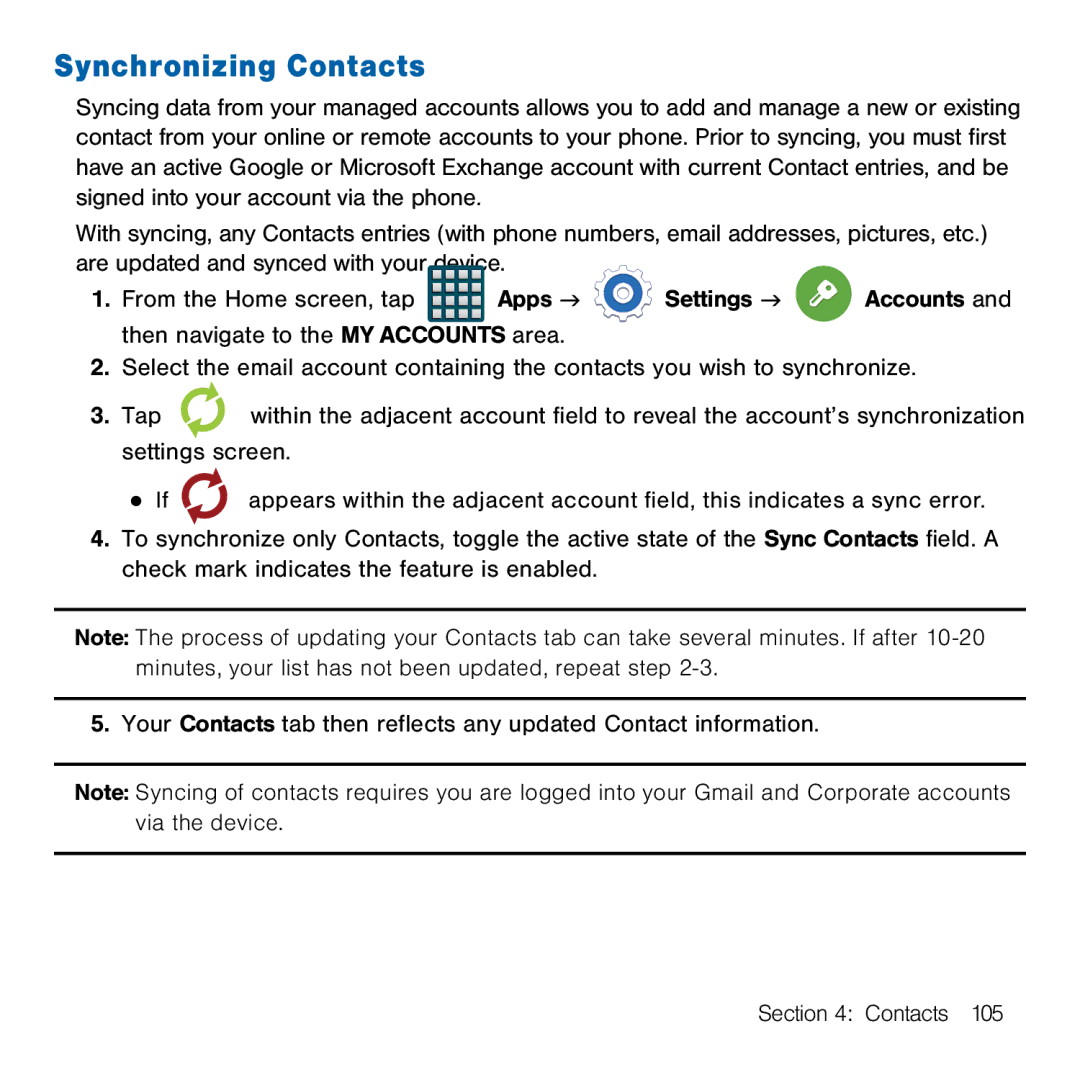 Samsung GH68-41834A user manual Synchronizing Contacts 