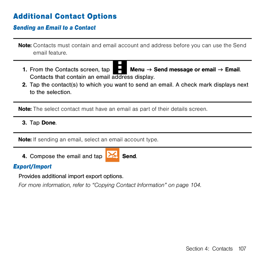 Samsung GH68-41834A user manual Additional Contact Options, Sending an Email to a Contact, Export/Import 