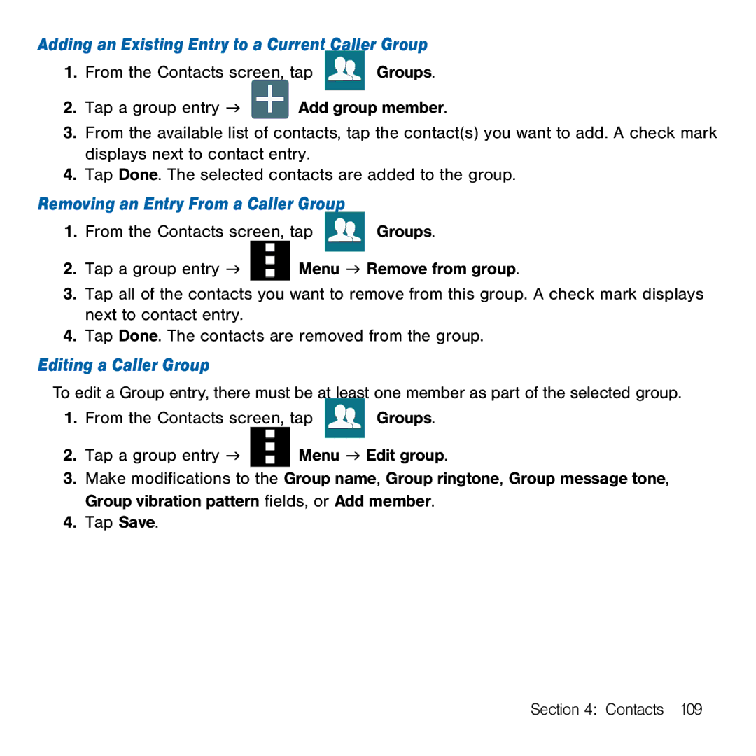 Samsung GH68-41834A user manual Adding an Existing Entry to a Current Caller Group, Removing an Entry From a Caller Group 